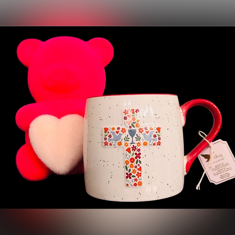 Floral Cross Mug with Red Handle - 22 Oz